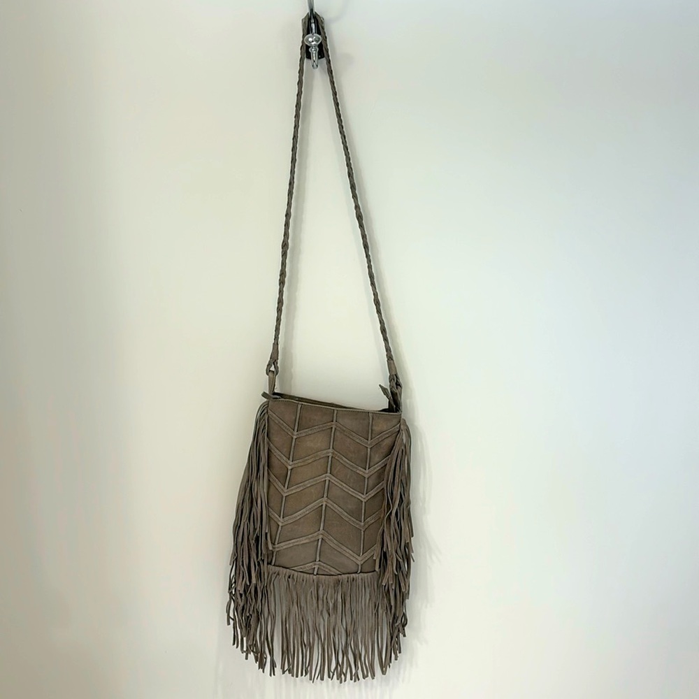 Cut N' Paste, gray leather and suede bag zip enclosure